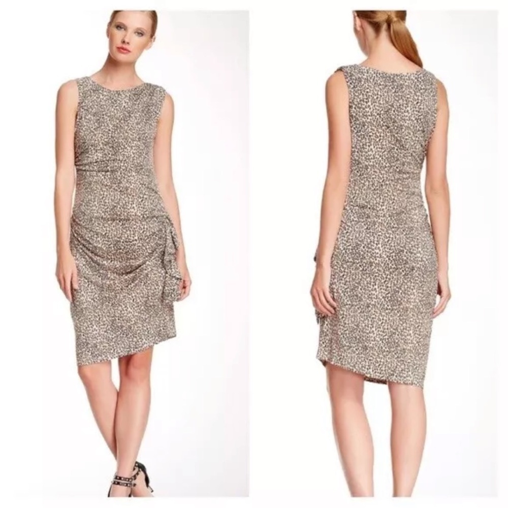 Betsey Johnson Dress Sz 4 Animal Print Cheetah Wiggle Ruched Sleeveless Mob Wife